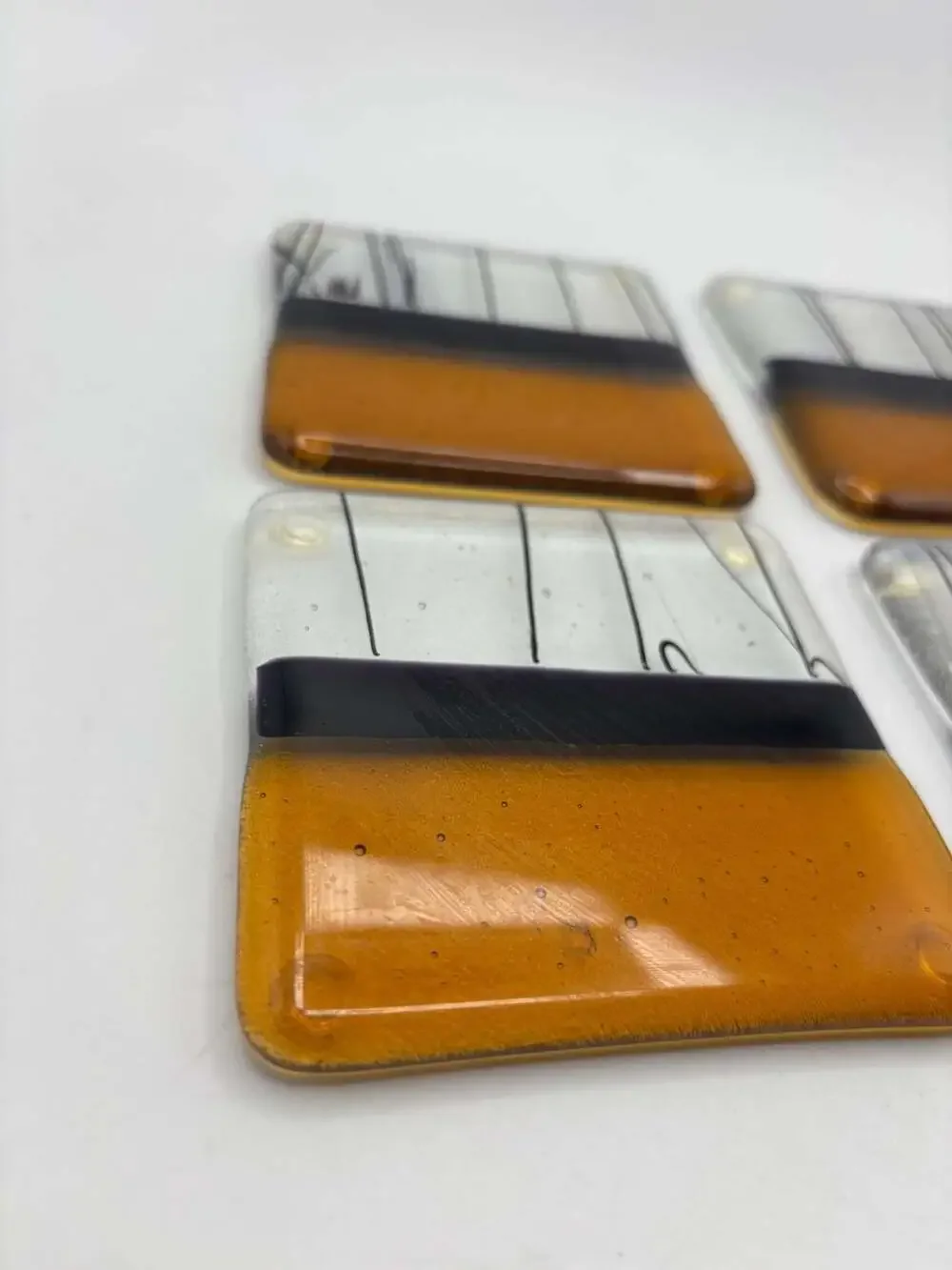 Set of 4 Handcrafted Fused Art Glass Coasters with Birch Tree Motif in Amber and